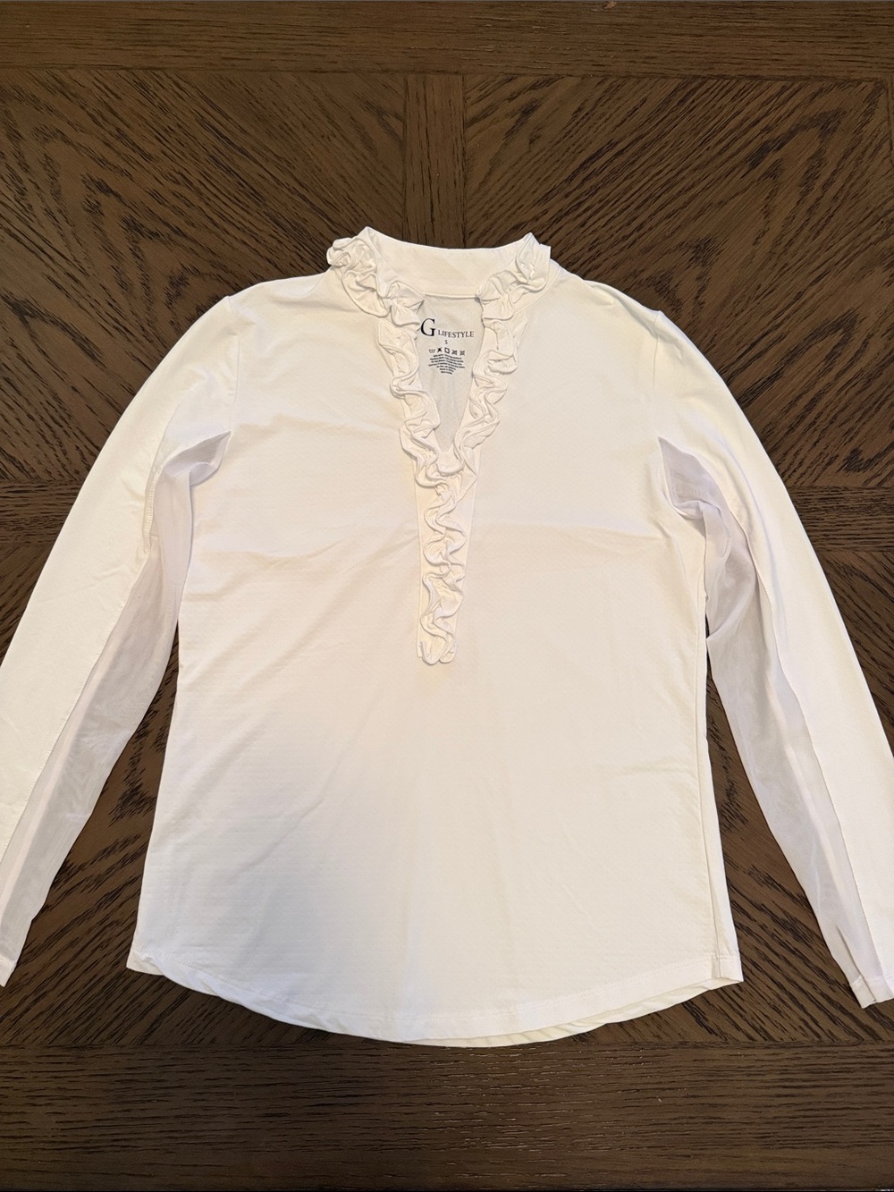 G Lifestyle White Ruffle V-Neck Long Sleeve Sun Top with Mesh under Arms NWOT.